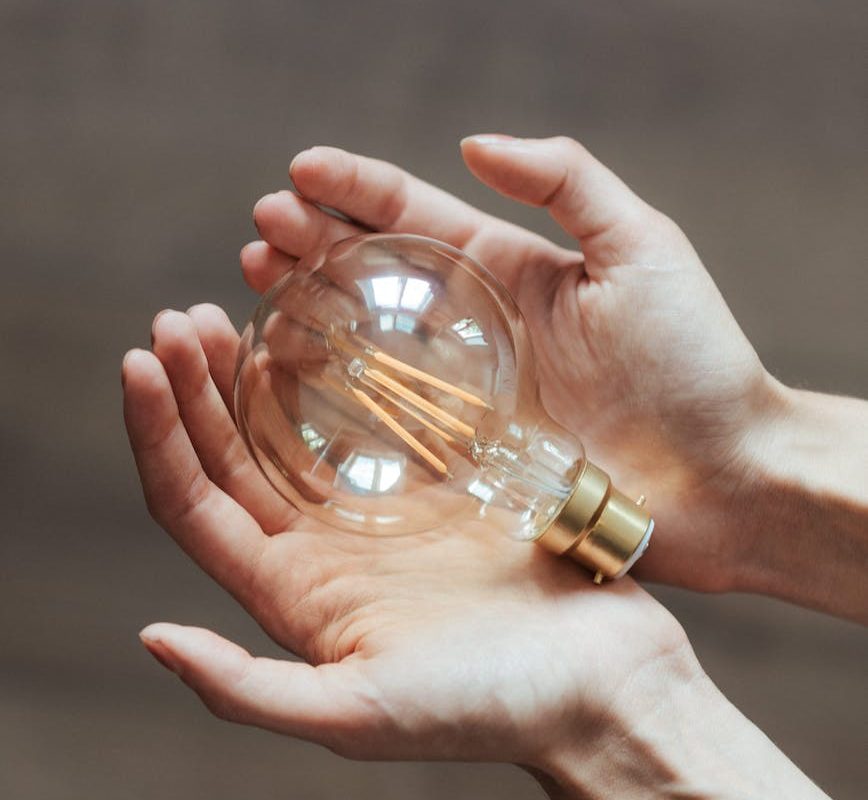 unrecognizable woman demonstrating light bulb in hands