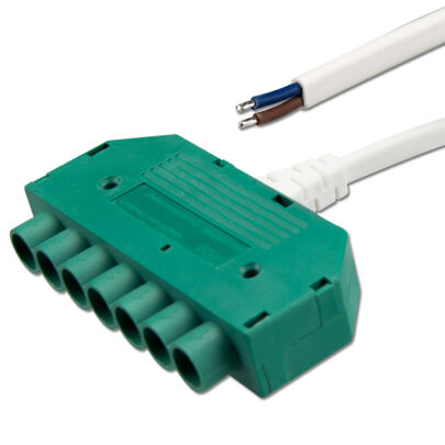 Mini-Plug 6-fach Verteiler female, 1m, 2×0,75, IP54, weiß-grün, max. 48V/6A