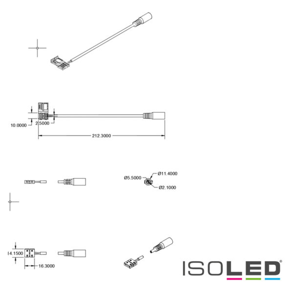 Clip-Rundstecker-Anschluss (max. 5A) für 2-pol. IP20 Flexstripes Breite 10mm, Pitch-Abstand >12mm