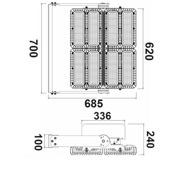 LED Flutlichtanlage 900W, 130x25°, 4 Module (Lichtpunkte), 1-10V dimmbar, 4000K, IP66